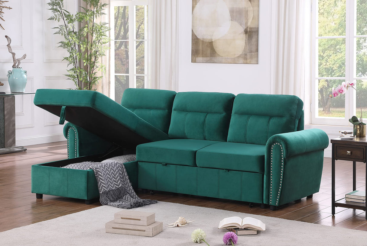 Ashton Green Velvet Fabric Reversible Sleeper Sectional Sofa Chaise