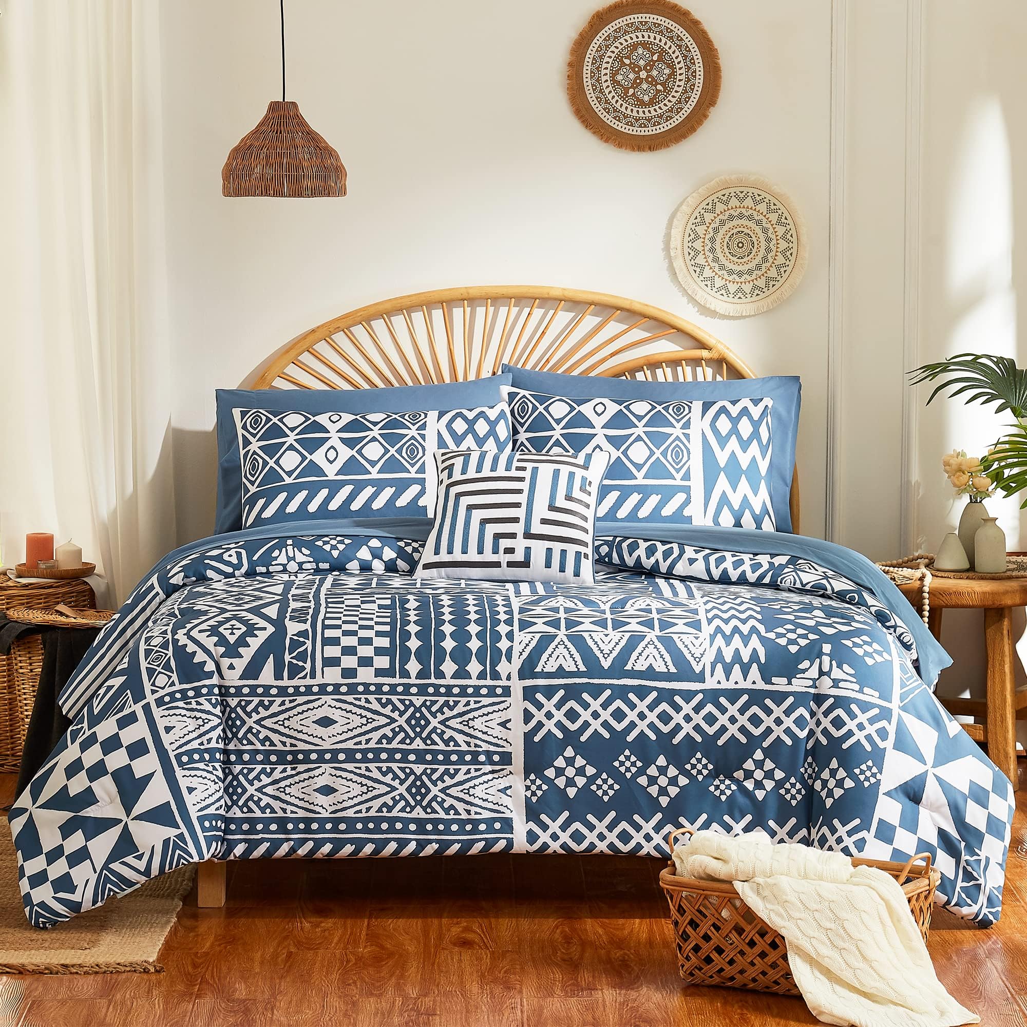 Geniospin King Size Comforter Sets, Boho Bedding Set 8 Pieces, All Season Down Alternative Comforter Set, Reversible Bedding with Soft Microfiber Fill Bedding, Lightweight (Blue, 102x90 inches)