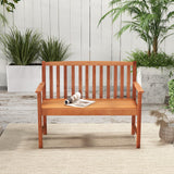 Outdoor Bench, Wood Patio Bench with Cozy Armrests & Backrest, Slatted Sitting Area