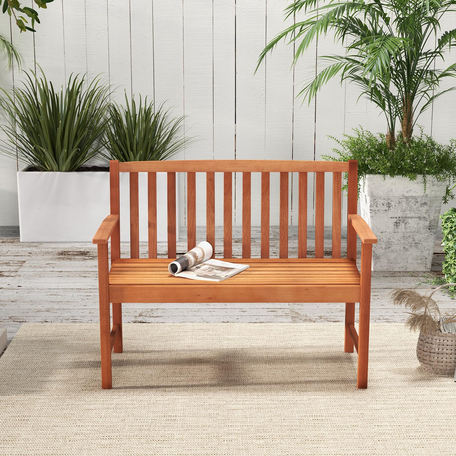 Outdoor Bench, Wood Patio Bench with Cozy Armrests & Backrest, Slatted Sitting Area