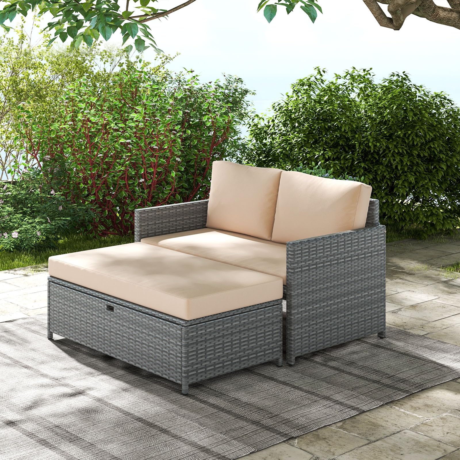 2-Piece Outdoor Daybed - PE Rattan Sunbed with 31 Gallon Storage Ottoman