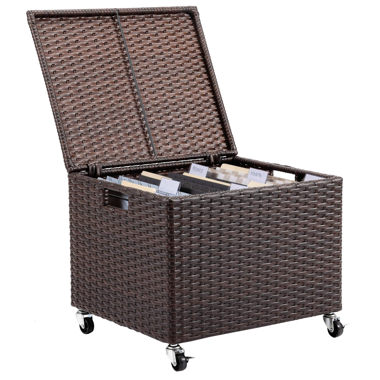 Rolling File Box - Storage Cabinet with Wheels - Weatherproof Rattan-Style Resin Deck Chest