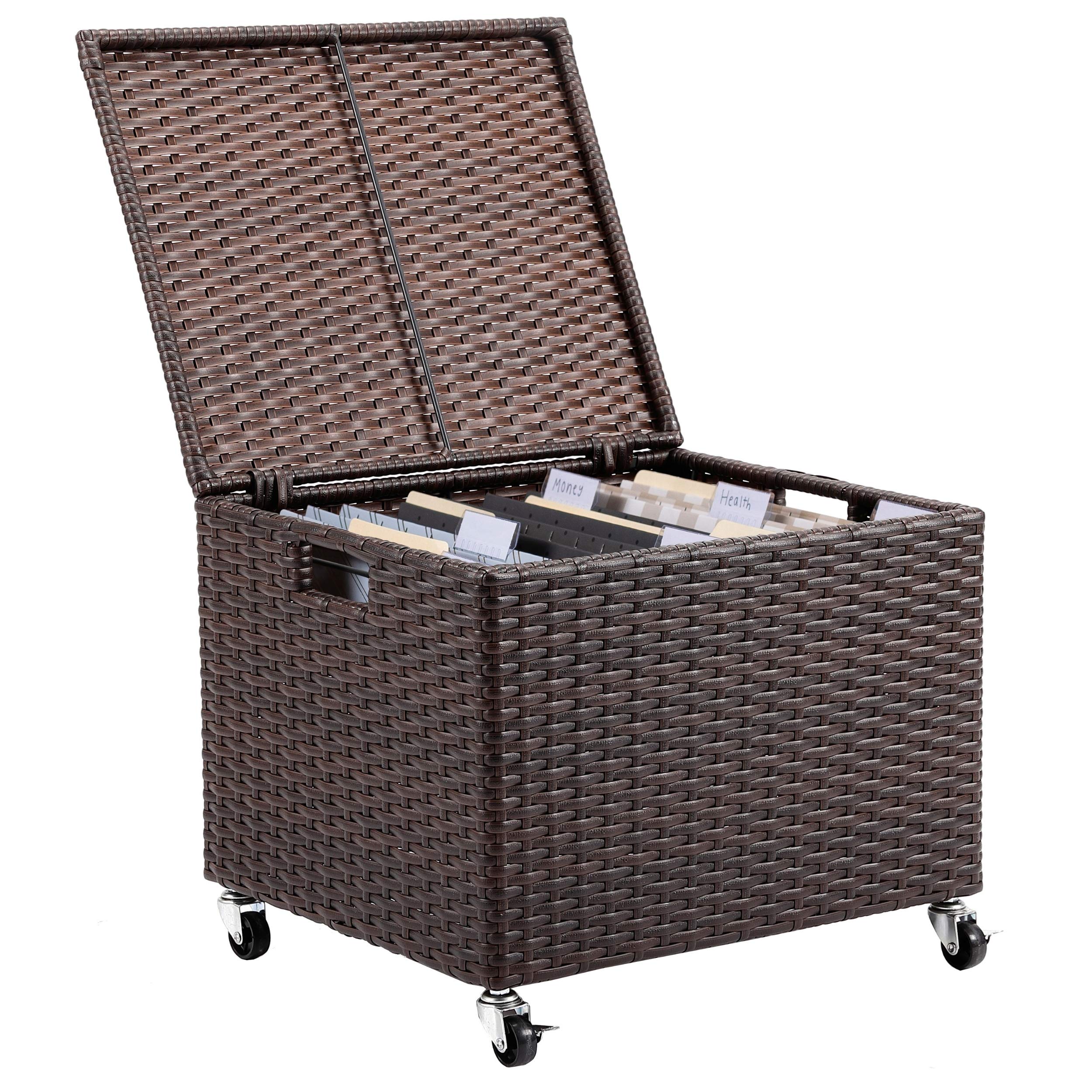 Rolling File Box - Storage Cabinet with Wheels - Weatherproof Rattan-Style Resin Deck Chest