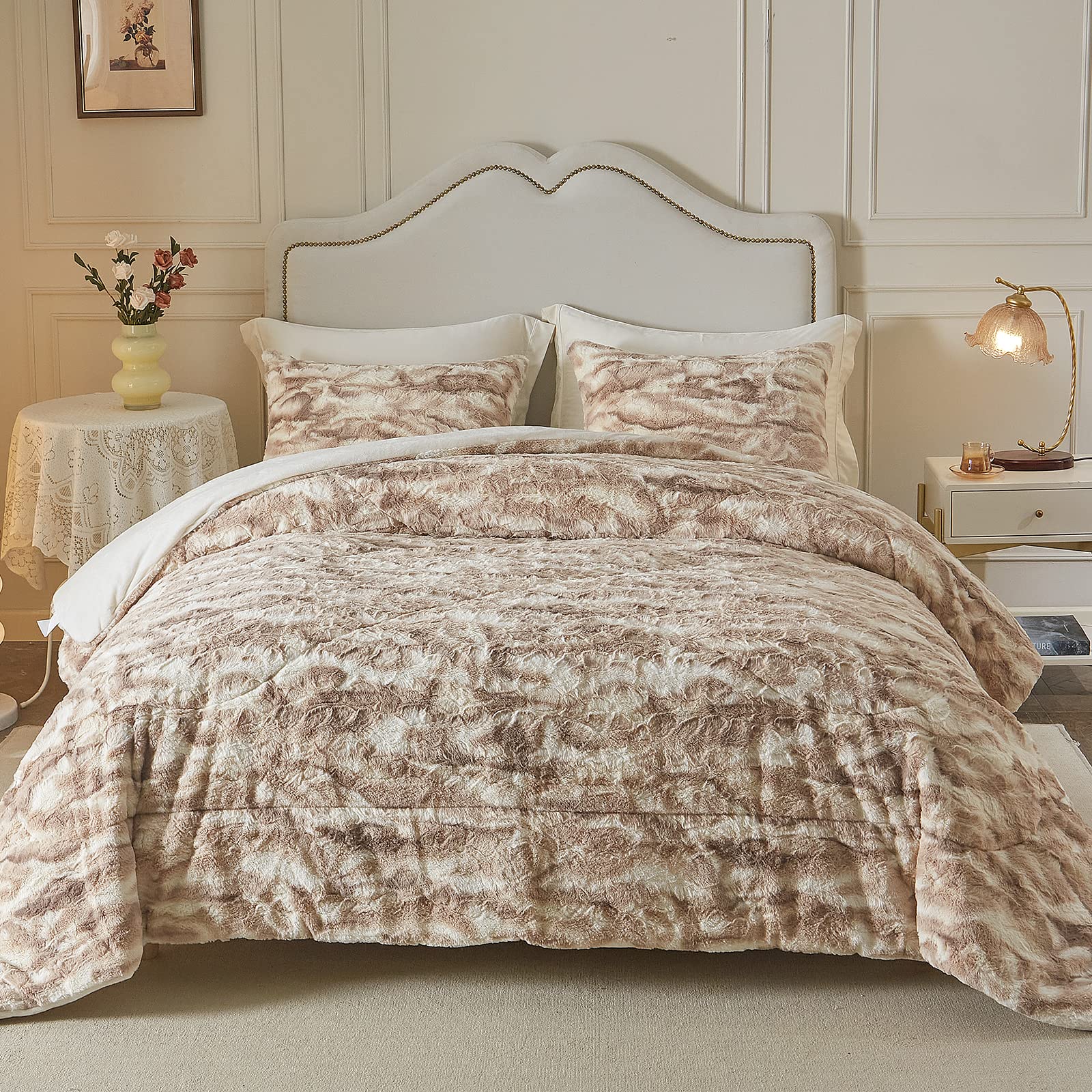 Faux Fur Comforter Set King Size, 3 Pieces Ultra Soft Marbled Beige Fluffy Comforter