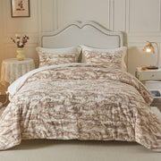 Faux Fur Comforter Set King Size, 3 Pieces Ultra Soft Marbled Beige Fluffy Comforter