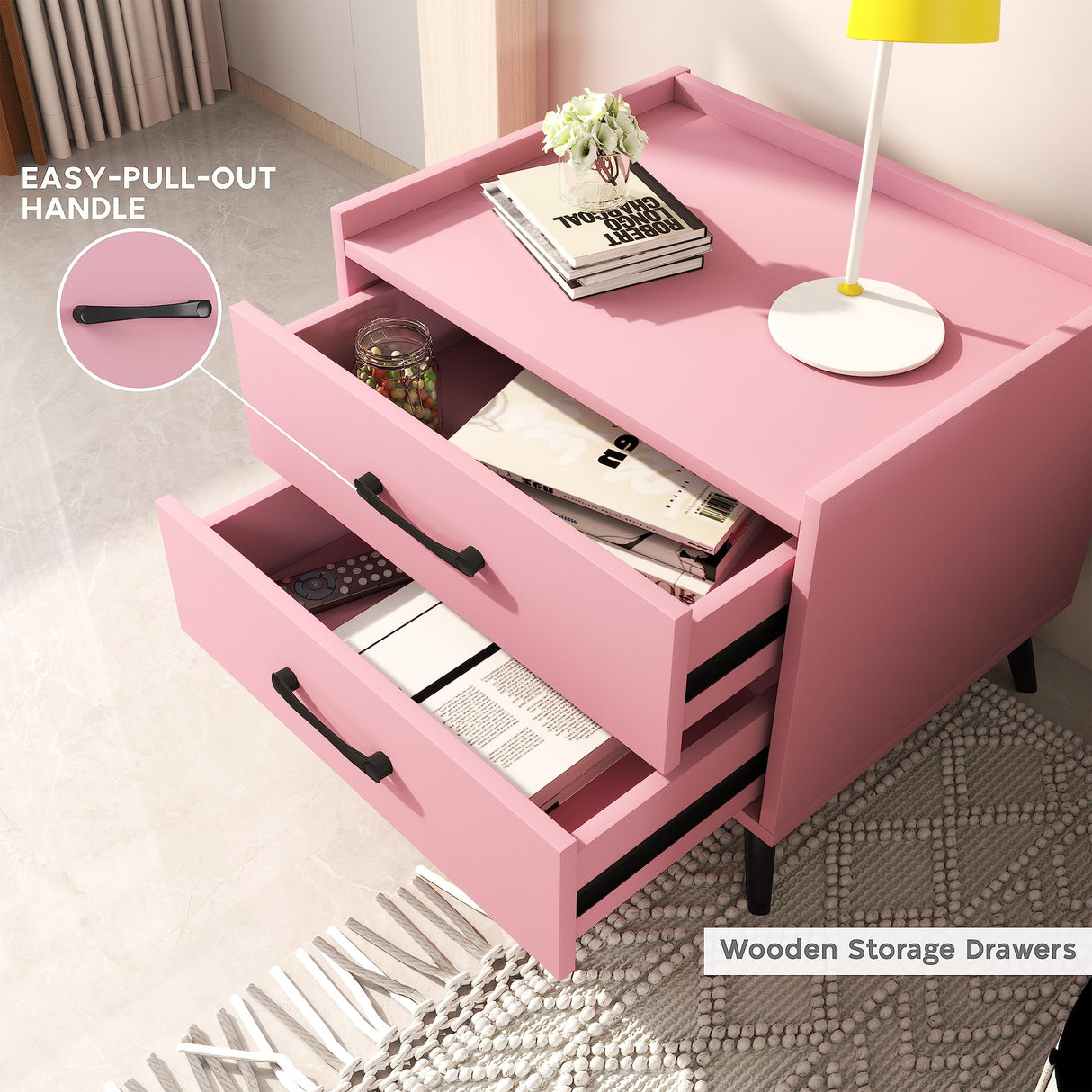 Pink Nightstand with 2 Drawers Besides Table for Bedroom Modern End Table