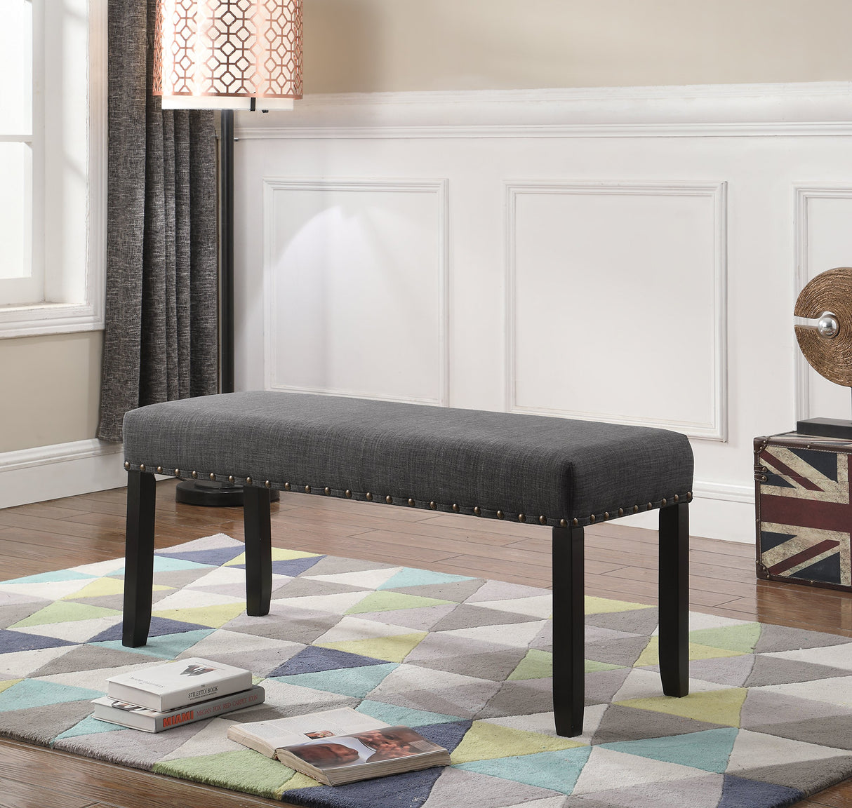 Roundhill Furniture Biony Fabric Dining Bench with Nailhead Trim, Grey