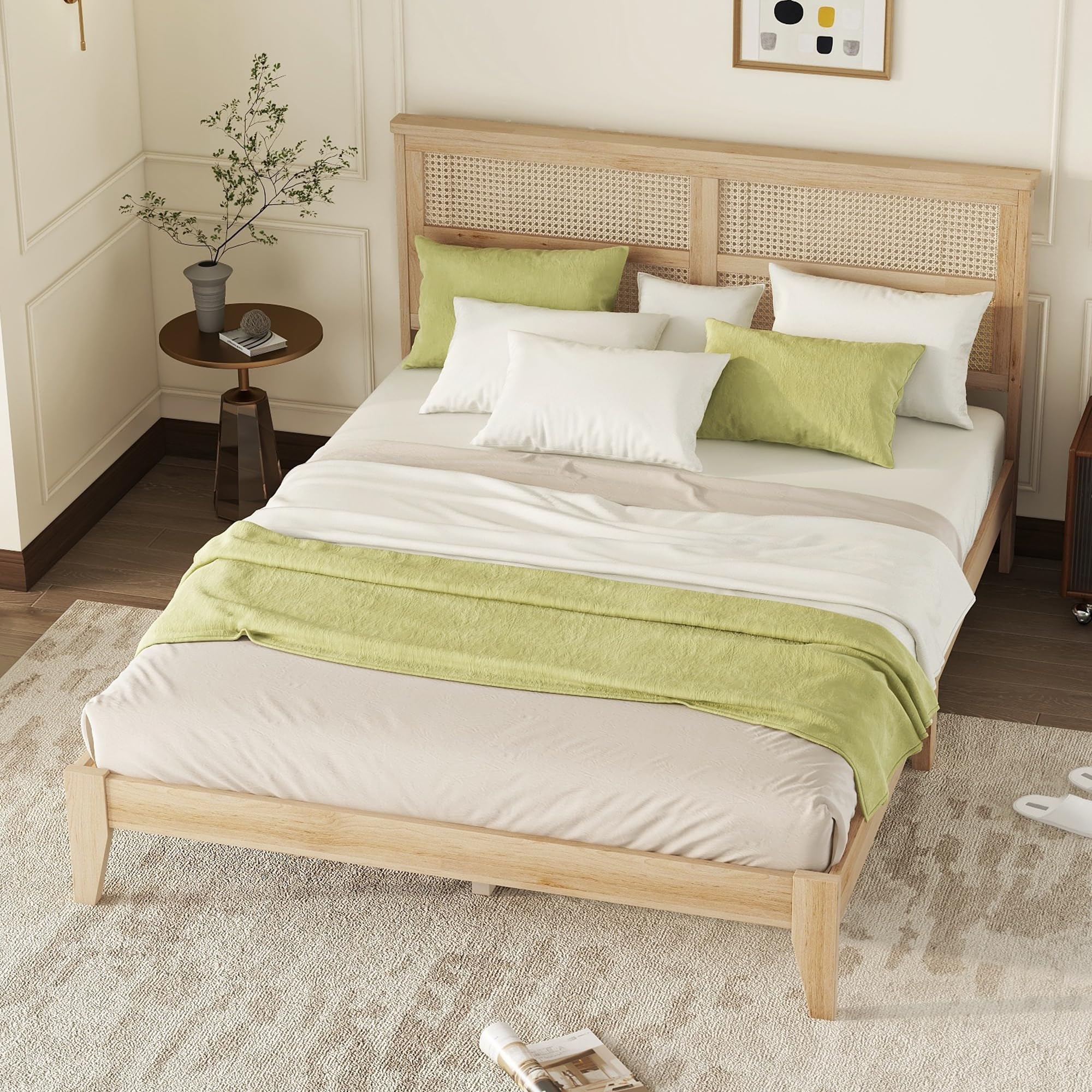 Boho Queen Platform Bed Frame with Rattan Headboard, Mid-Century Modern Bohemian Solid Wood Furniture