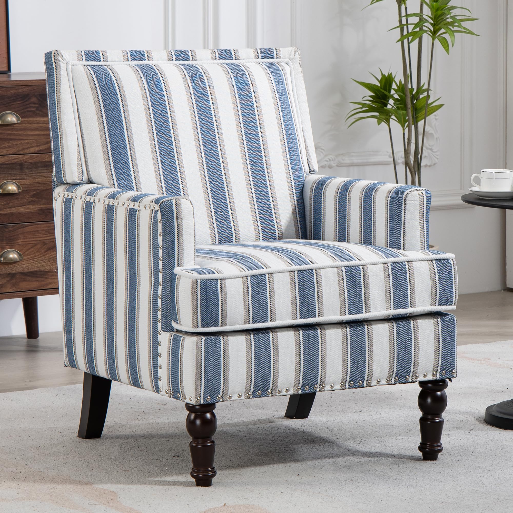Vintage Striped Accent Armchair, Comfy Upholstered Reading Chair
