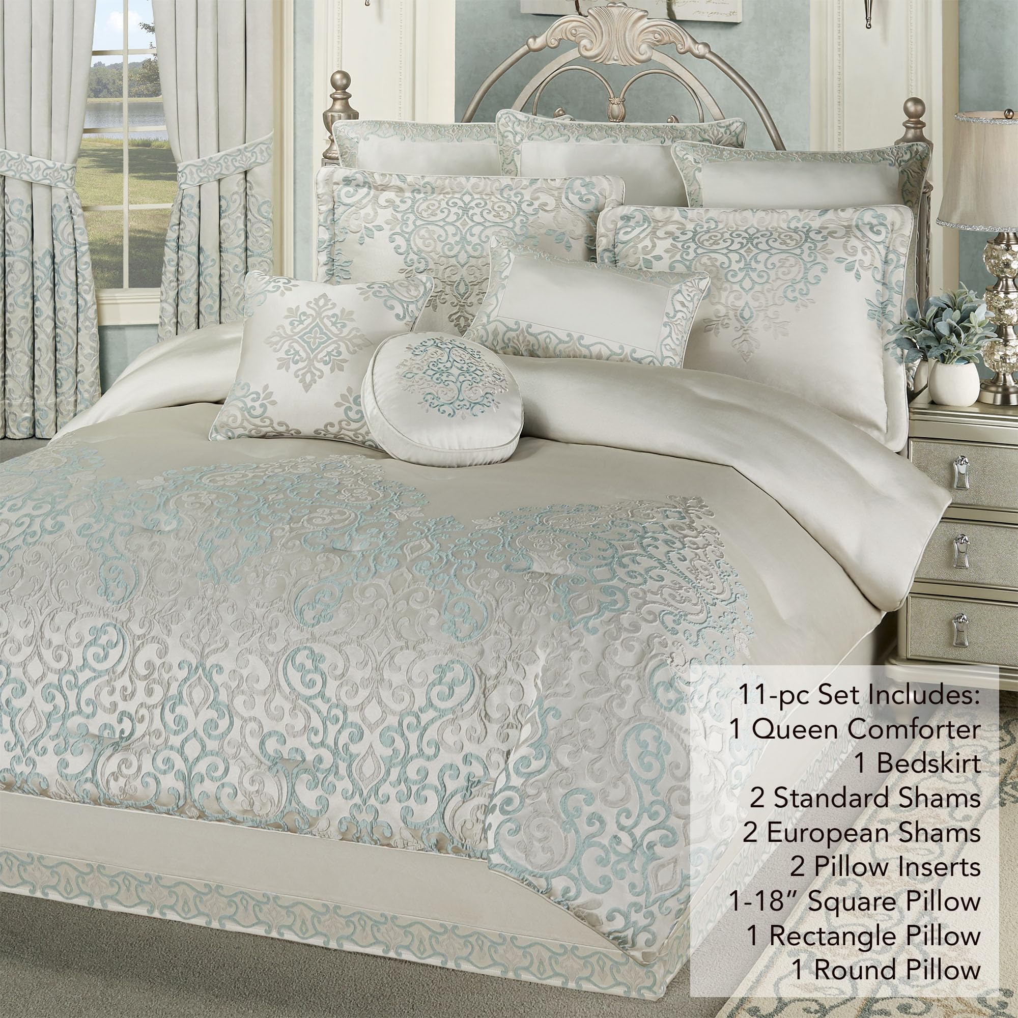 Avalon 11-Piece Queen Comforter Set - Jacquard Woven Scroll in Oyster Spa Silver Gray