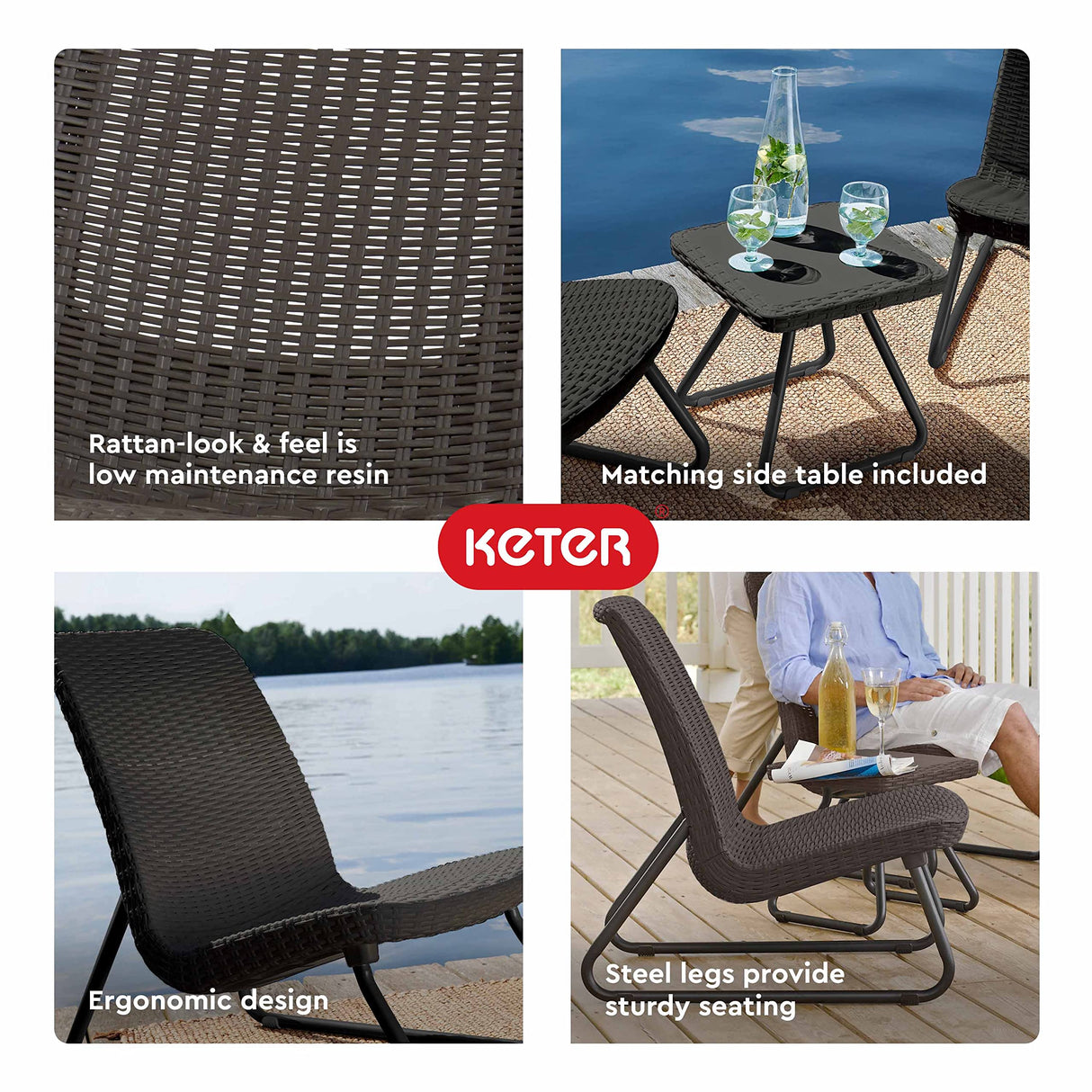 3 Piece Resin Wicker Patio Furniture Set with Side Table and Outdoor Chairs