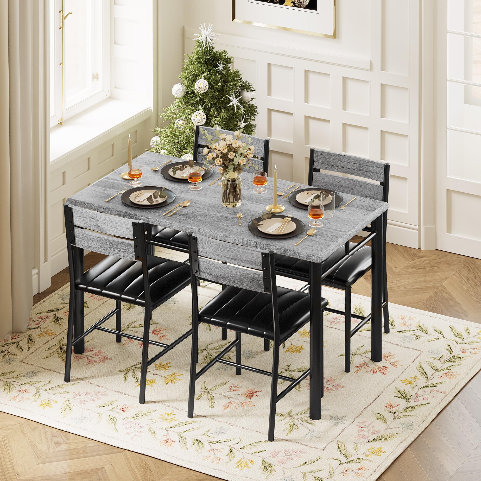 4-Piece Dining Table Set with Upholstered Chairs - Grey Wood Kitchen Table
