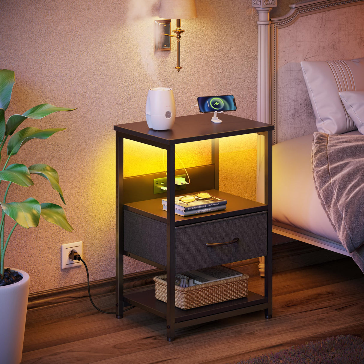 Nightstand with Charging Station, LED Bedside Table with Adjustable Fabric Drawer