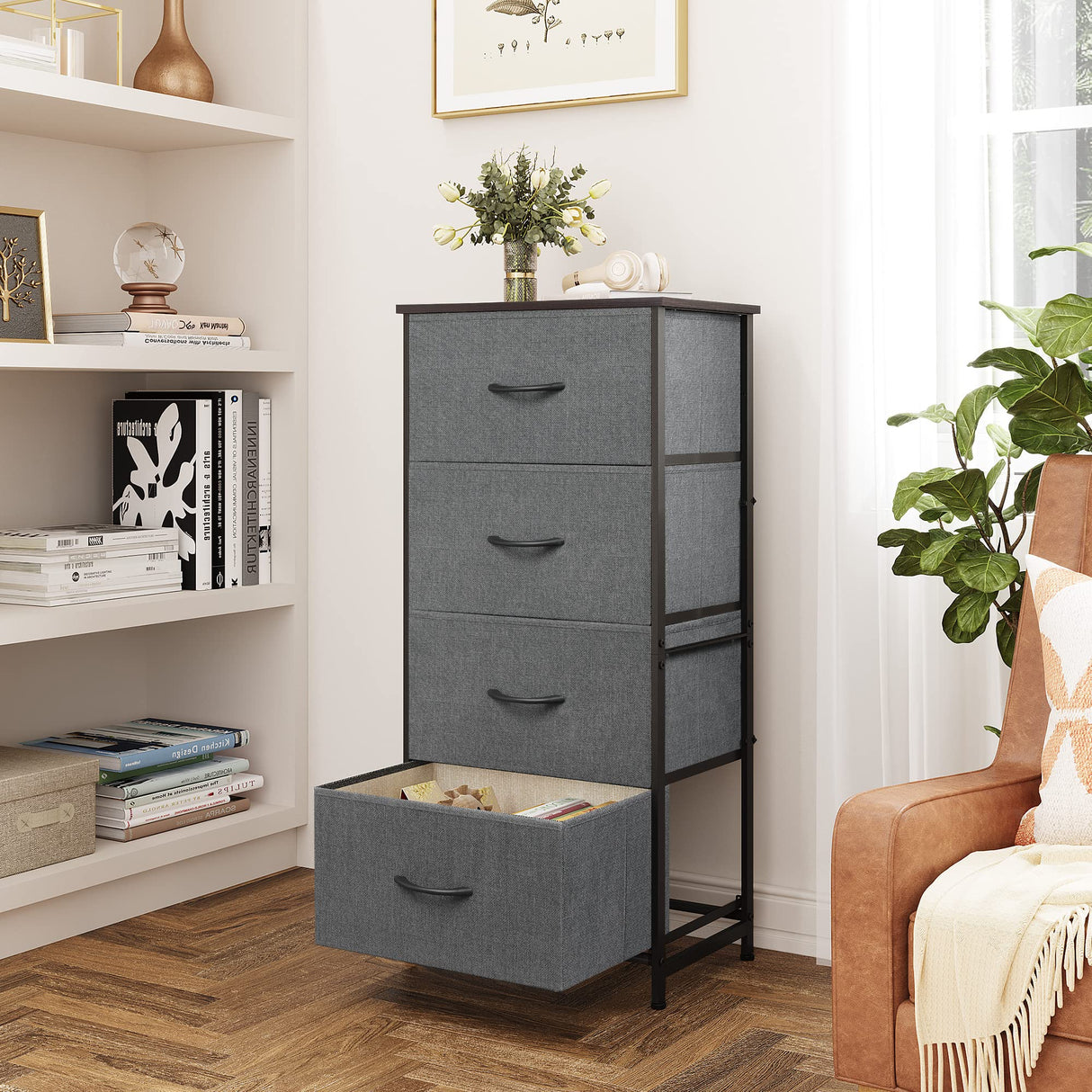 Dresser with 4 Drawers, Storage Tower, Organizer Unit, Fabric Dresser for Bedroom