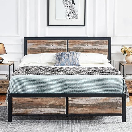 Queen Size Platform Bed Frame with Rustic Vintage Wood Headboard