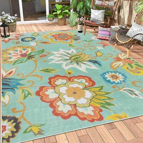 Floral Indoor Outdoor Rugs, 6x9ft Non Slip Outdoor Patio Rug for Balcony Deck, Soft