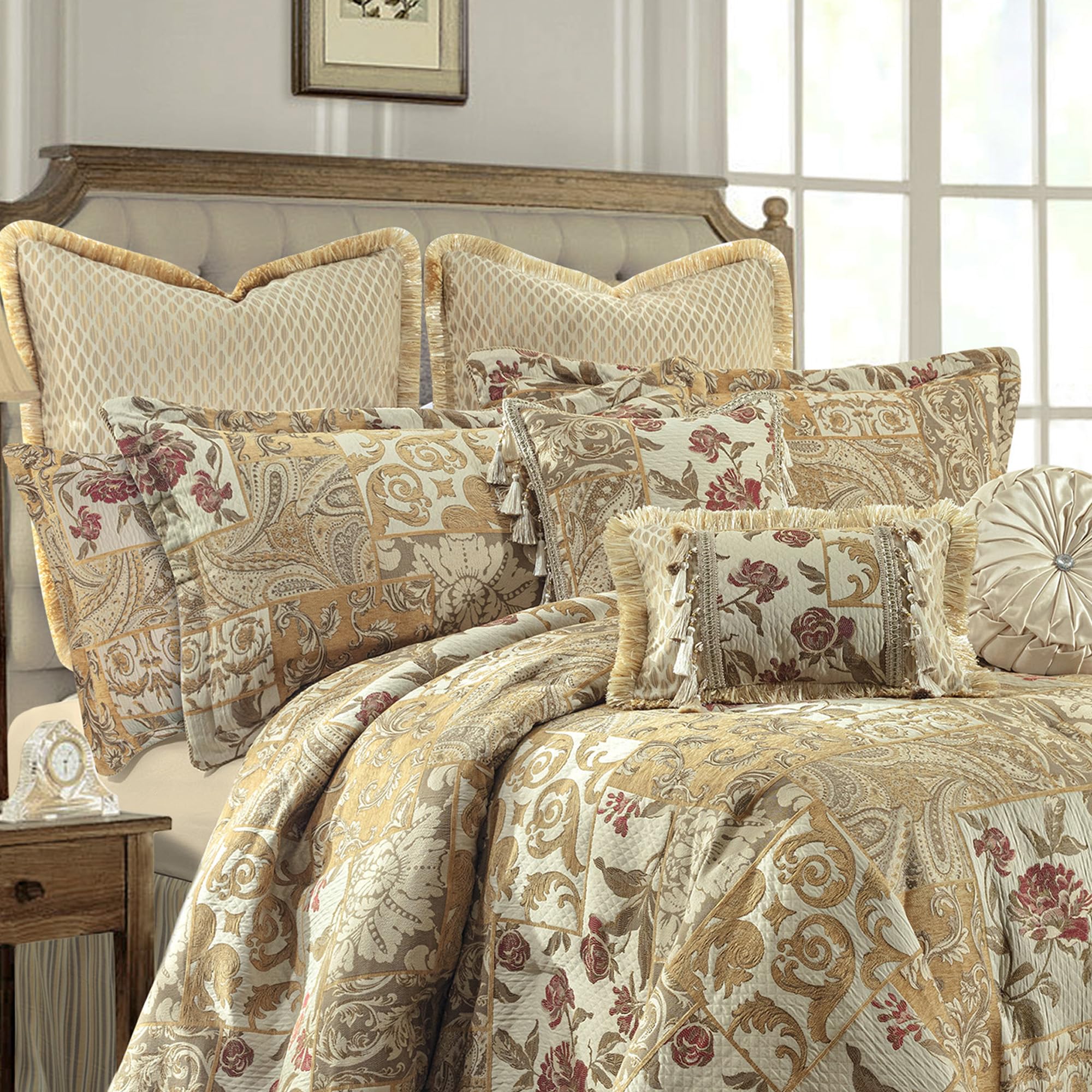 acquard Comforter Set, 9-Piece Patchwork Comforter King, Bedding Sets with Bed Skirt,