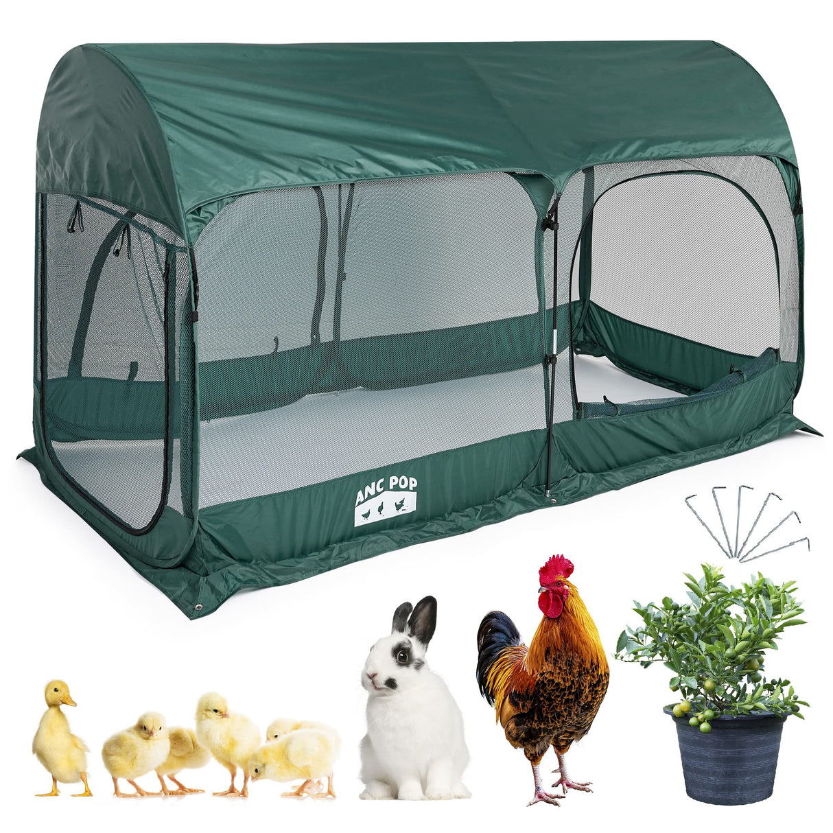 Portable Chicken Run Large Pop-Up Chicken Pen for Small Animals Outdoor Gardening Net with 3 Doors and Handbag, Easy to Install and Storage, Green