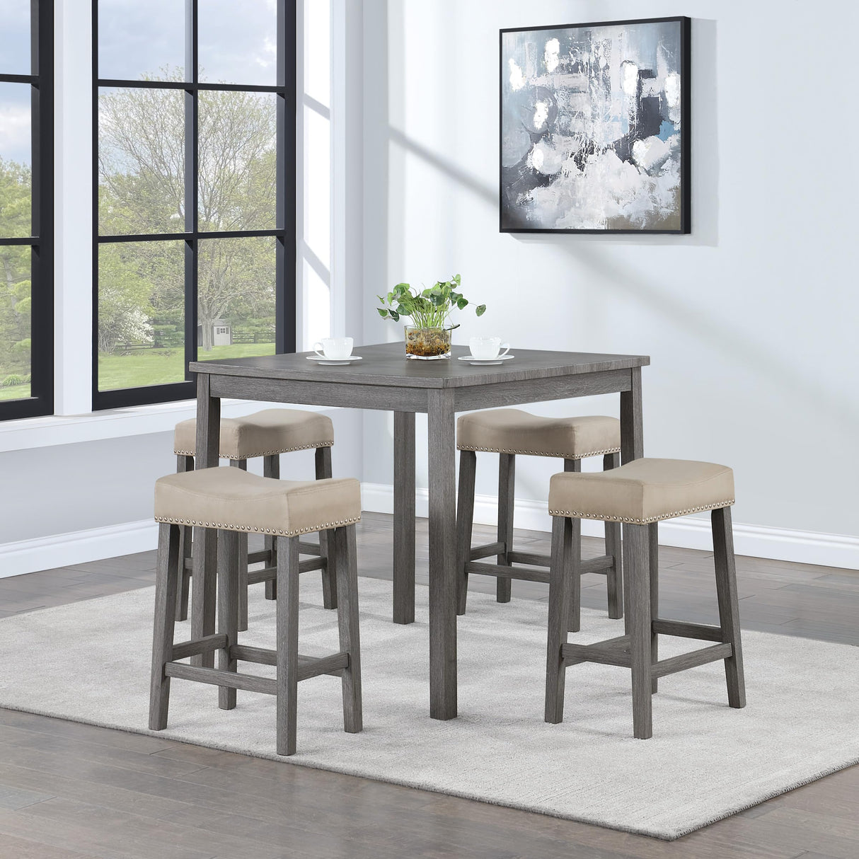 Celina Farmhouse Counter Height Dining Set, 5-Piece, Antique Grey Washed Finish