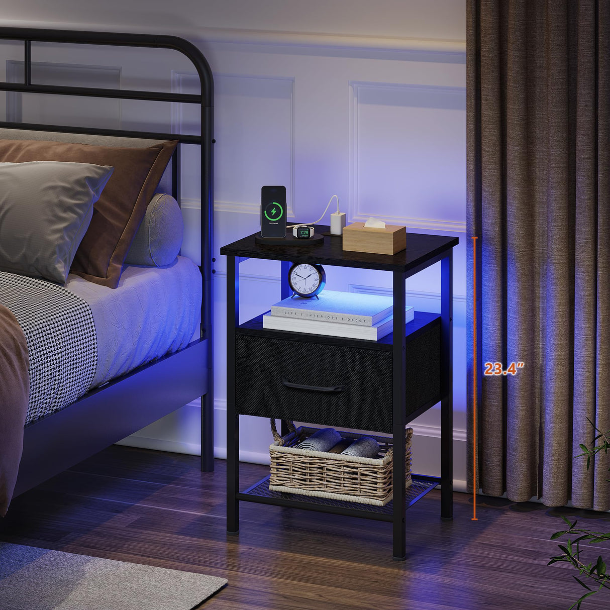 Night Stand Set 2, End Table with Charging Station, LED Bedside Table