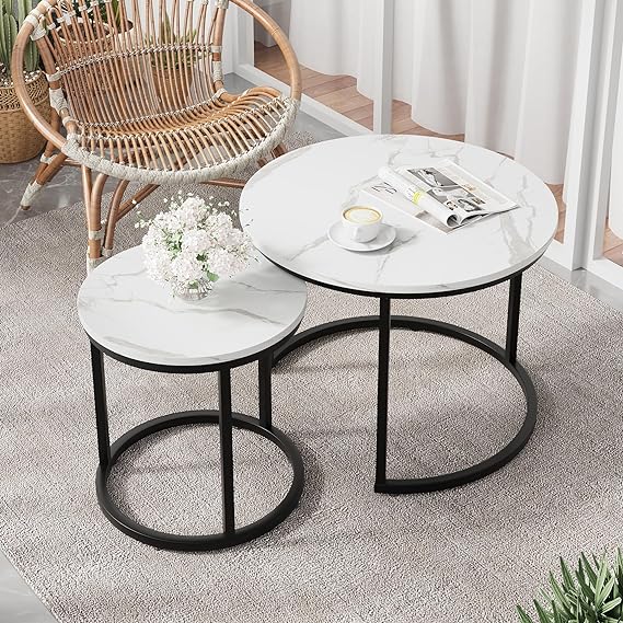 Round Nesting Coffee Table, 31.5" White Modern Accent