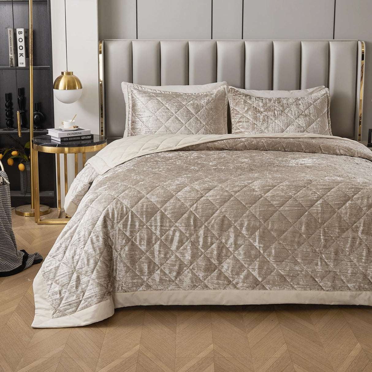 Champagne Korean Velvet Quilt Set California King XL Size (112x104 in)