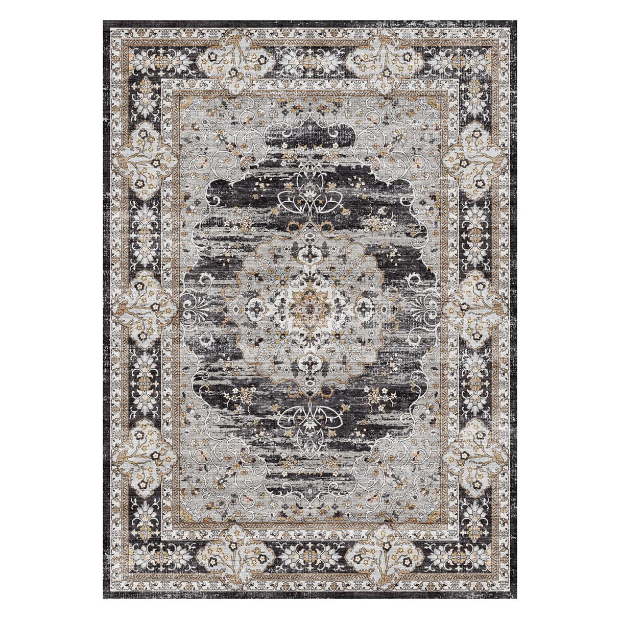 Puino 9x12 Washable Vintage Rug: Oriental Rugs for Living Room Non Slip Backing Stain Resistant Large Indoor Carpet for Bedroom Area Rug Dining Room Decor(Black,9x12FT)