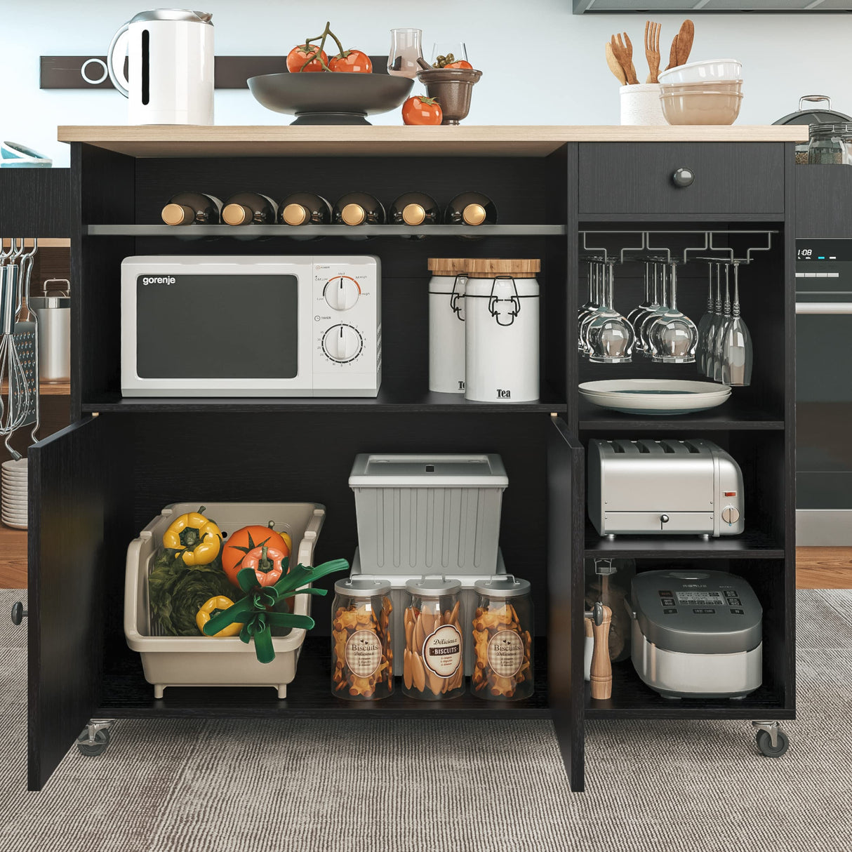 Rolling Kitchen Island Cart with Drop-Leaf and Wine Rack