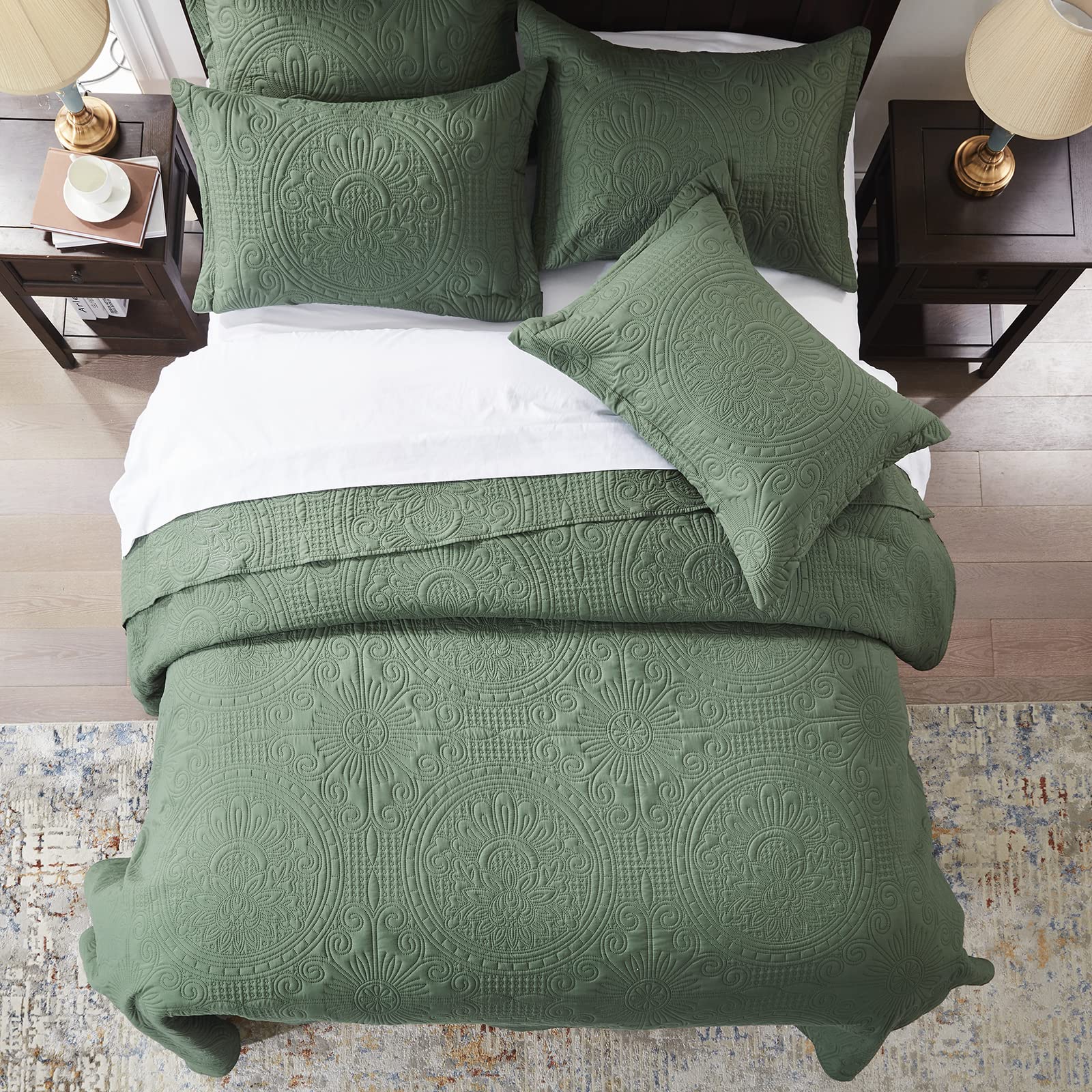 Quilt King Size Bedding Set-Olive Green Embossed, Bedspreads-Lightweight Summer Soft