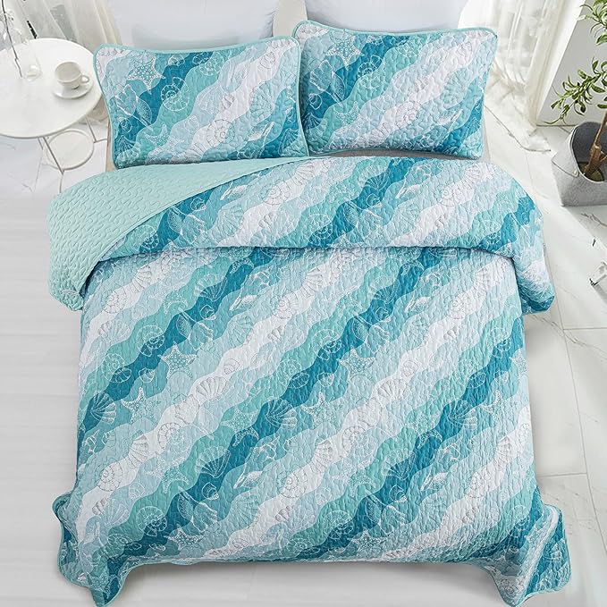 Coastal Quilt Set King Size, Blue Ocean Beach Themed Bedding Set Coral Seashell Conch