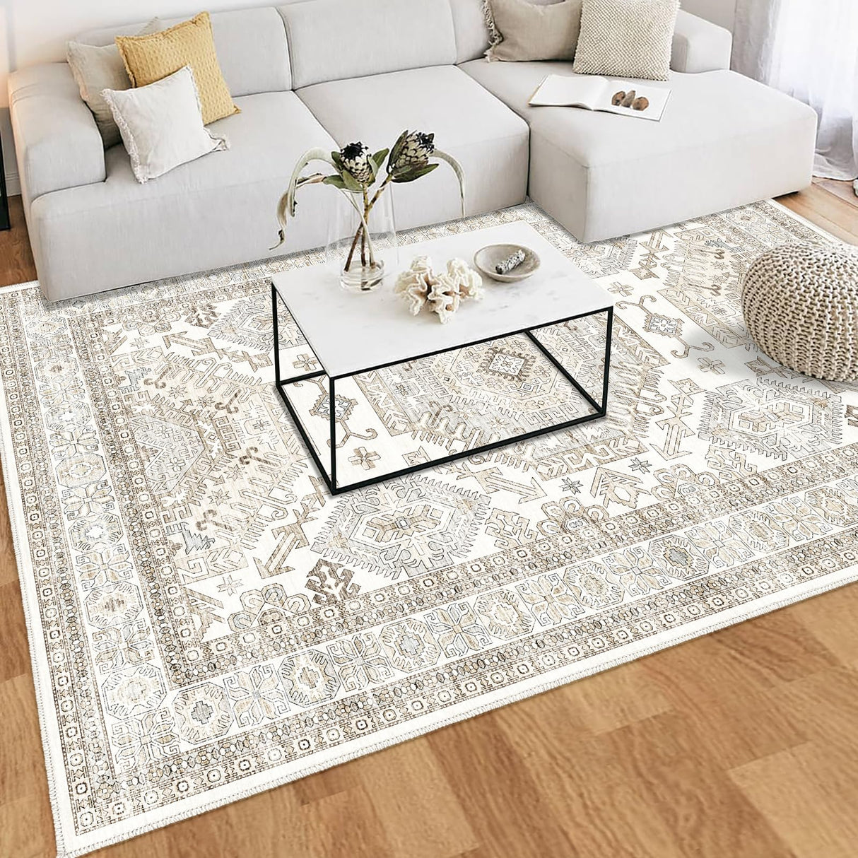 Area Rugs 8x10 for Living Room,Washable Boho 8x10 Area Rugs for Bedroom,Non Slip Carpet for Kitchen, Dining Room, Indoor, Kids Playroom Soft Low-Pile Rug Beige/Neutral