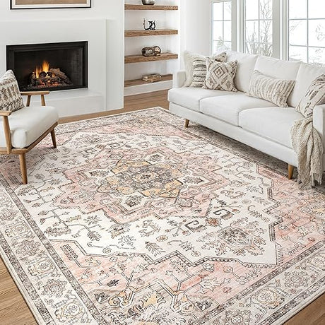 Washable Vintage Area Rug 9x12 - Soft Traditional Rug for Living Room