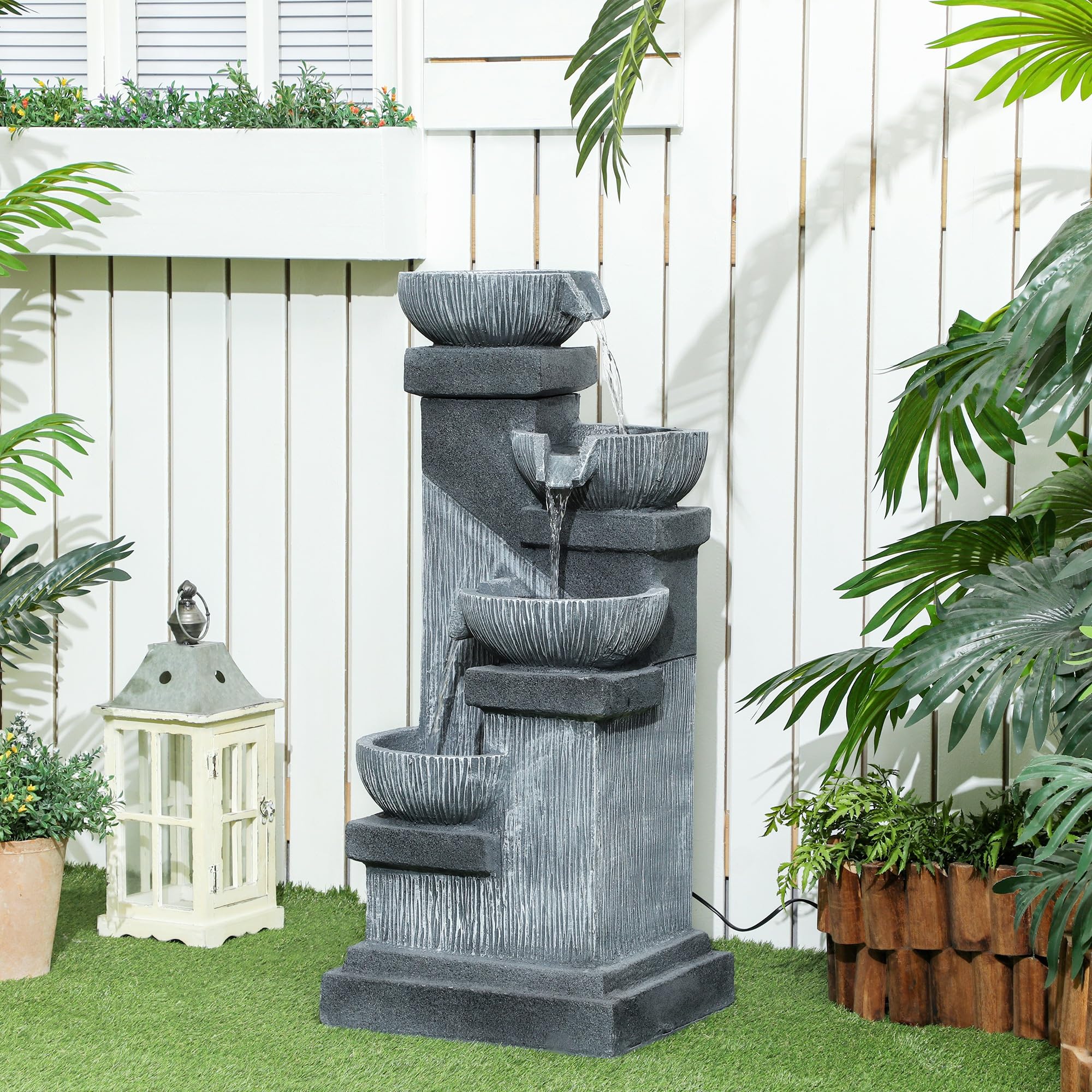 33.5" Tall Outdoor Water Fountain, 4-Tier Floor Standing Resin Cascading Bowls Waterfall