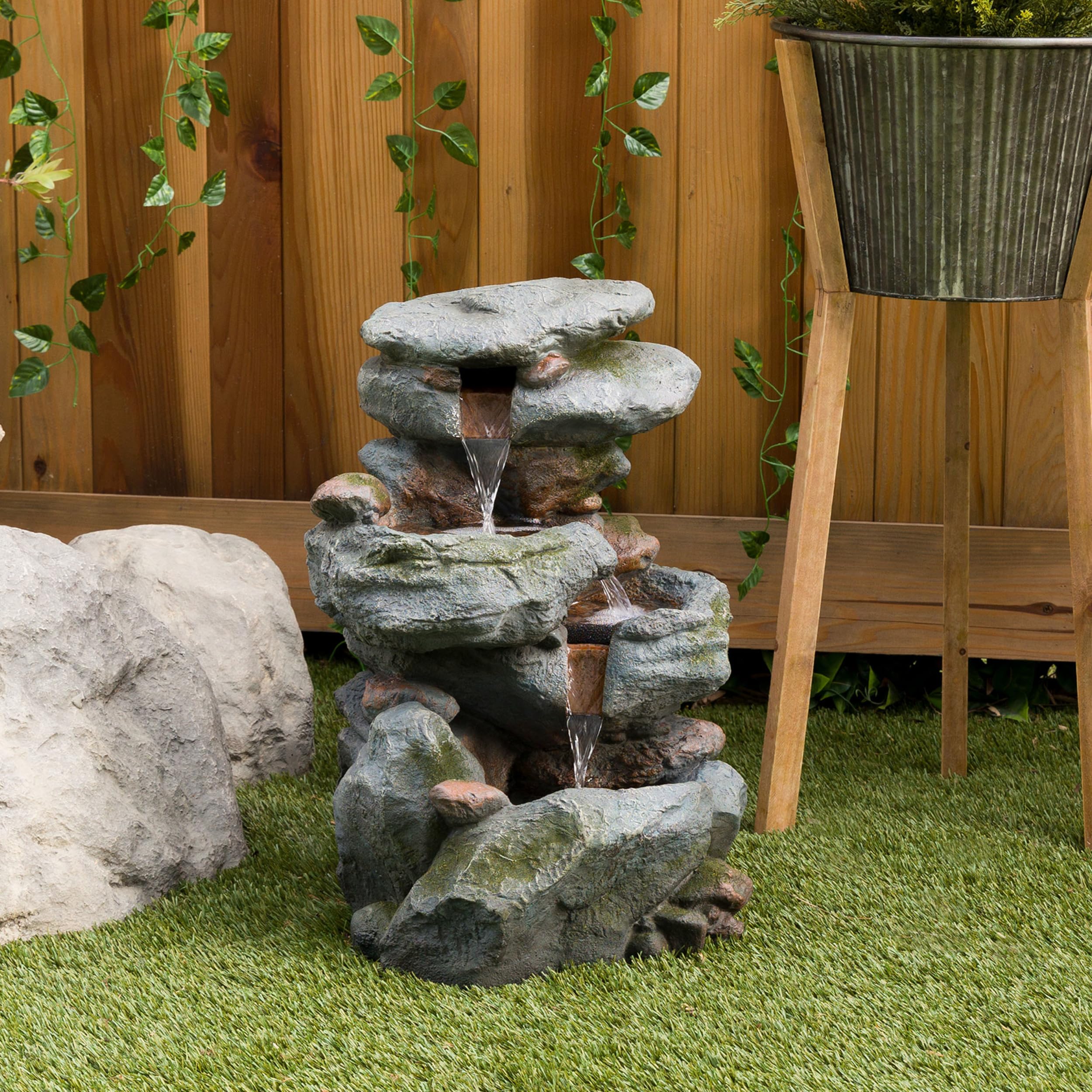 3-Tier Rock Waterfall Fountain with LED Lights for Garden, Patio, Yard, and Porch Decor,