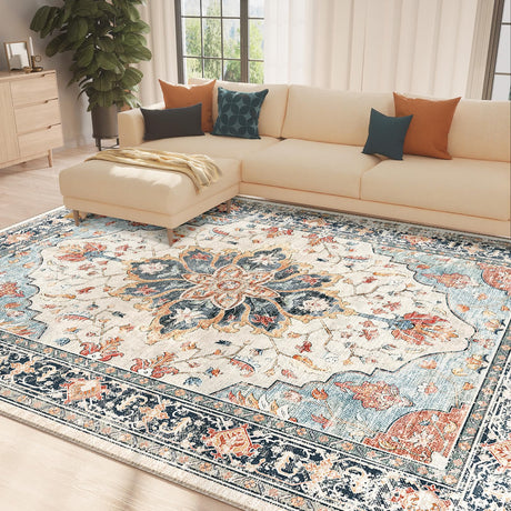 8x10 Area Rugs 8x10, Washable Rug, Non-Slip, Rugs for Living Room, Kitchen Rugs, Rugs for Bedroom Entryway Rug, Vintage Rugs Boho Floral Medallion, Low Pile, Soft, Beige Dark Blue Navy Red