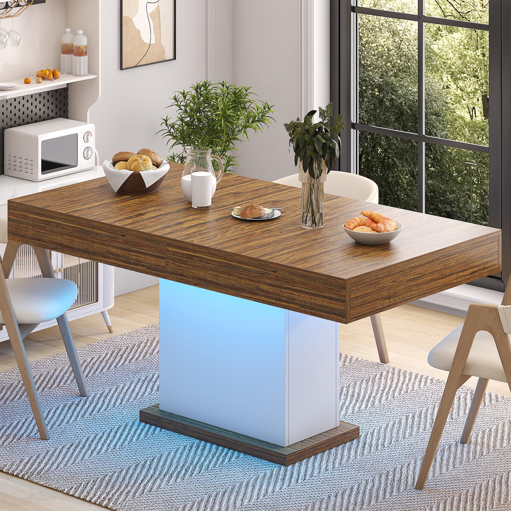 55-Inch Dining Table with Drawers & LED Lights - White & Rustic Brown