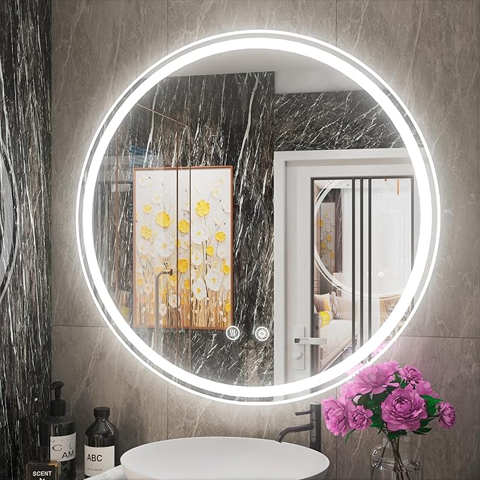 28 Inch Round LED Mirror, Dimmable Round Lighted Bathroom Mirror