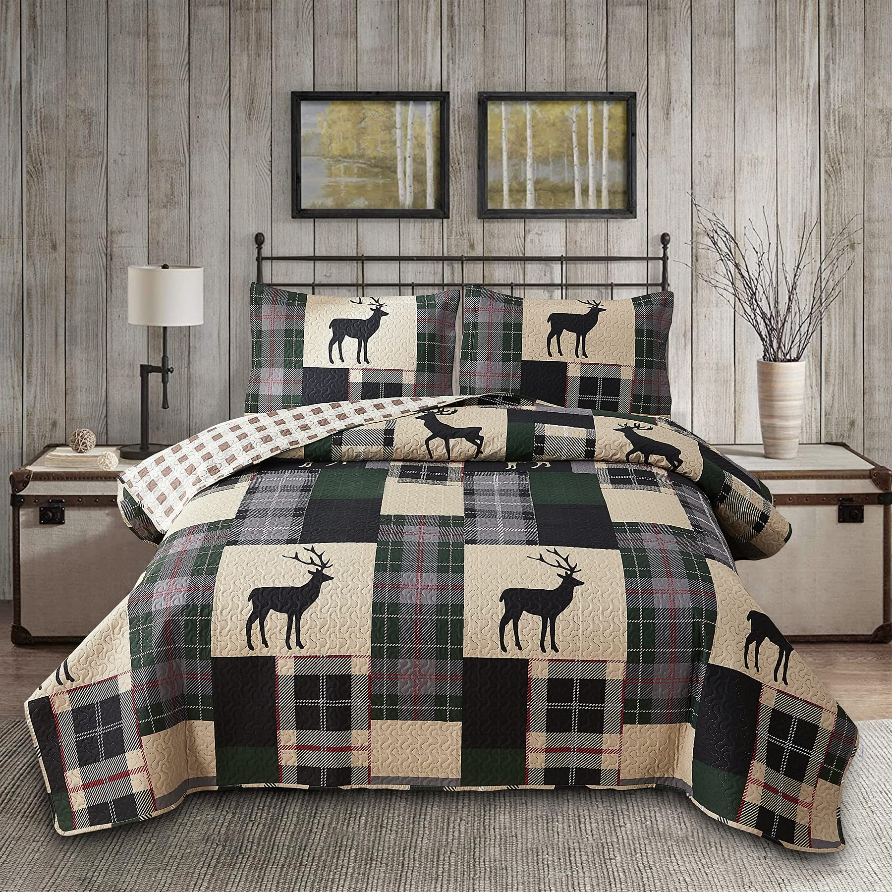 Lodge Bedspread Set Full/Queen Size Rustic Cabin Quilt Set Deer Bedding sets