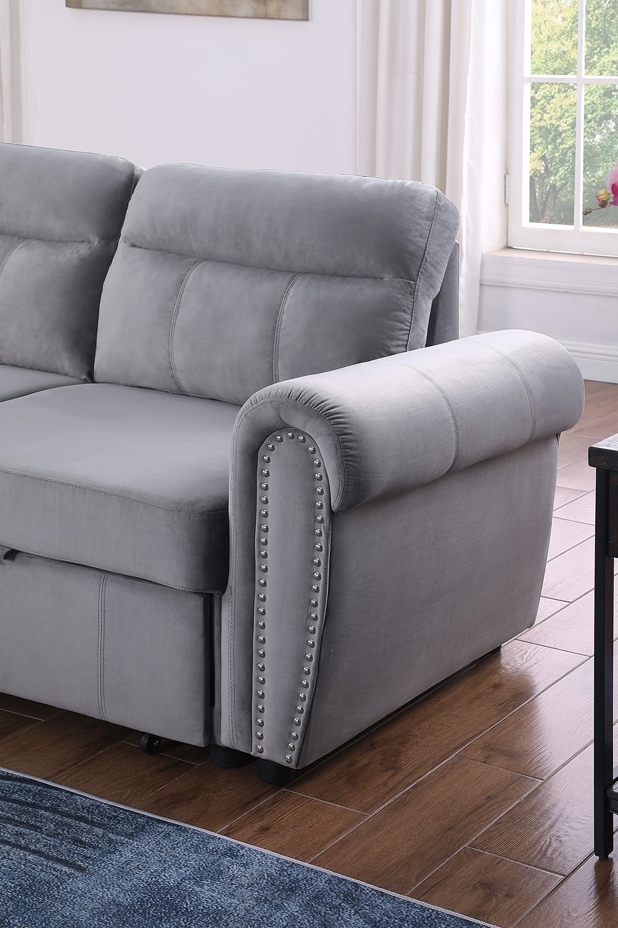 Ashton Gray Velvet Fabric Reversible Sleeper Sectional Sofa Chaise