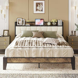 King Size Bed Frame, Storage Headboard with Charging Station, Solid and Stable