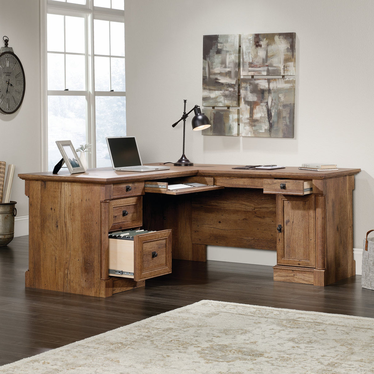 Sauder Palladia L Shaped Desk with Drawers, Office Desk with File Cabinet Storage, Cable Management, Keyboard Tray, in Vintage Oak Finish
