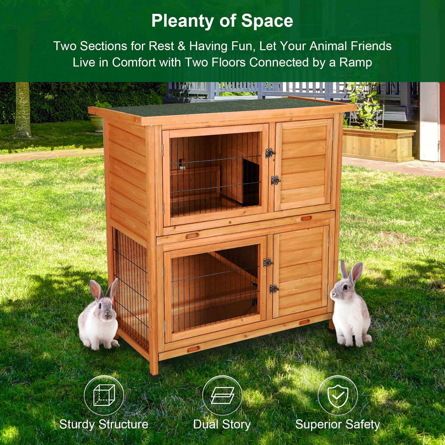 41" 2 Story Wooden Rabbit Hutch with Ventilation Door & Removable Trays, Indoor