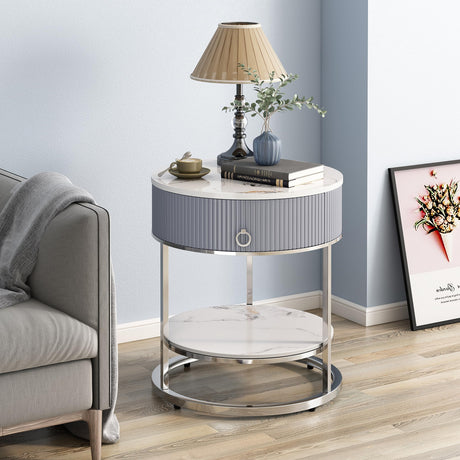 Modern End Table with Drawer, 2 Tier Side Table with Shelf, Round Nightstand