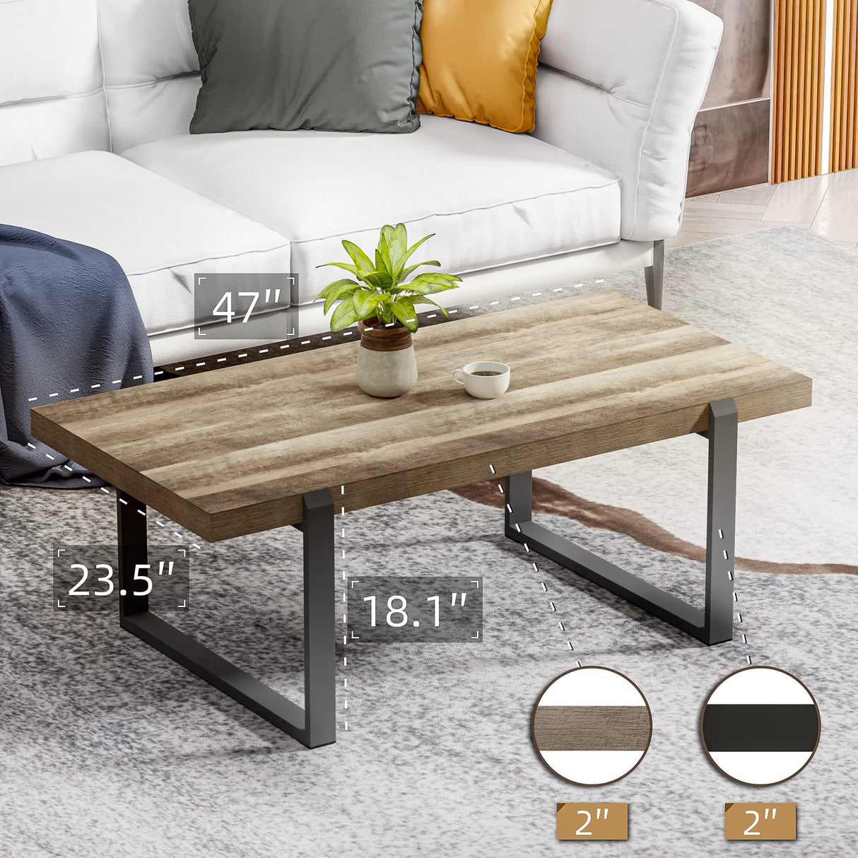 Tables for Living Room - 47 Inches Modern Coffee Table Rectangle Wooden Coffee Tables