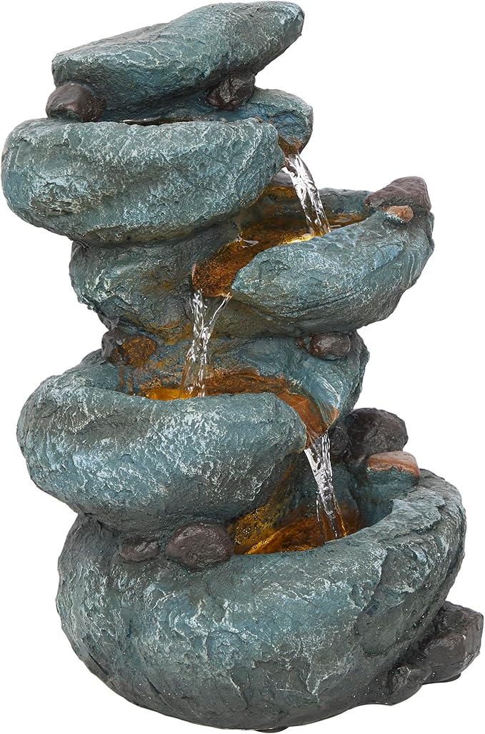 13" Tall Indoor 4-Tier Cascading Tabletop Fountain with LED Lights, Gray