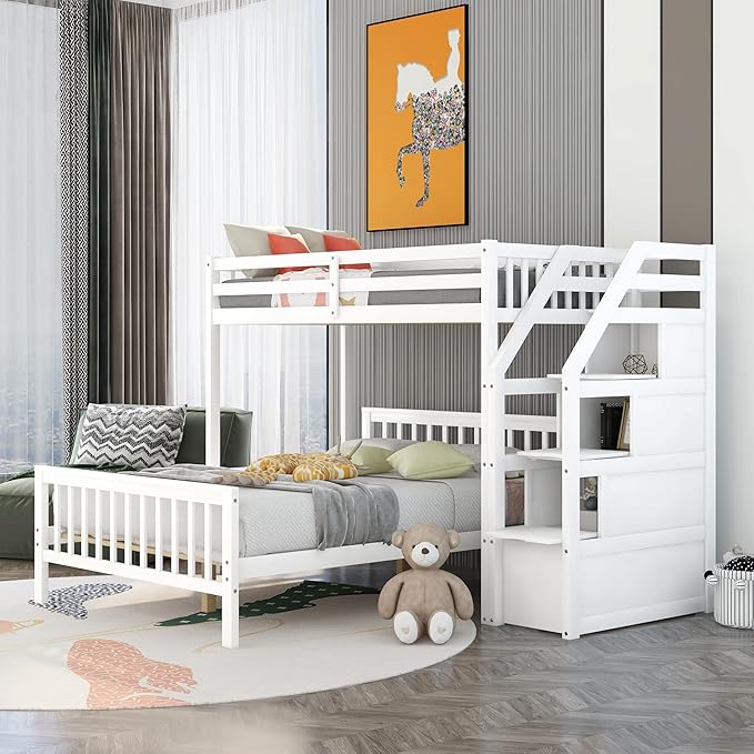 Twin Over Full Loft Beds, Bunk Beds Twin Over Full with Stairway and Storage, Full-Length