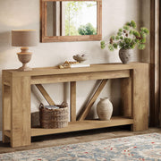 70.9" Extra Long Farmhouse Console Table with Storage - Light Brown