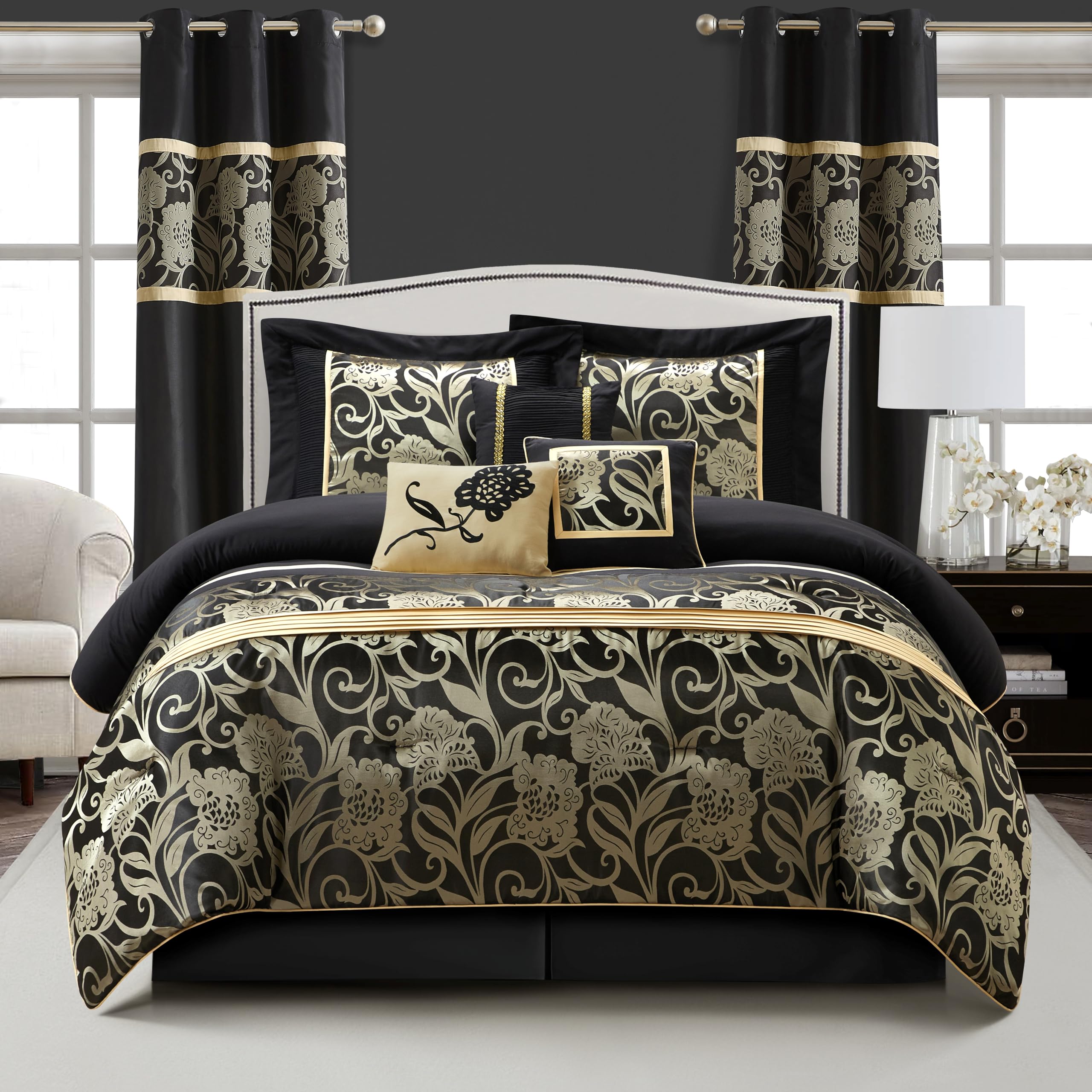 Black and Gold Comforter Set Queen - 9 Piece Jacquard Floral Bedding