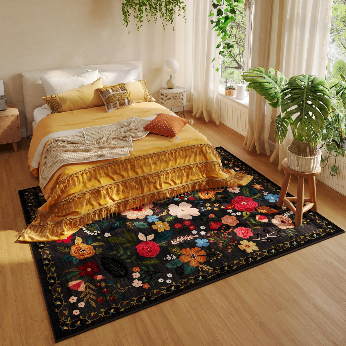 Boho Area Rug – Washable Floral Living Room Carpet, Non-Slip & Vintage Style