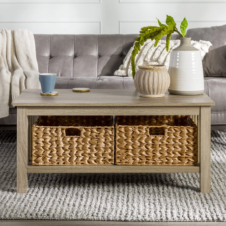 Alayna Mission Style Two Tier Coffee Table with Rattan Storage Baskets,